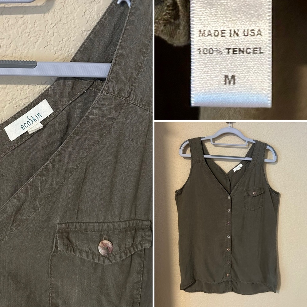 Ecoskin 100% Tencel Olive Green Button Front and back Tank – Size M